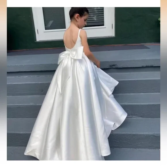 Gold/ cream Satin Kids Dress with Bow, flower girl dress - Picture 2 of 16